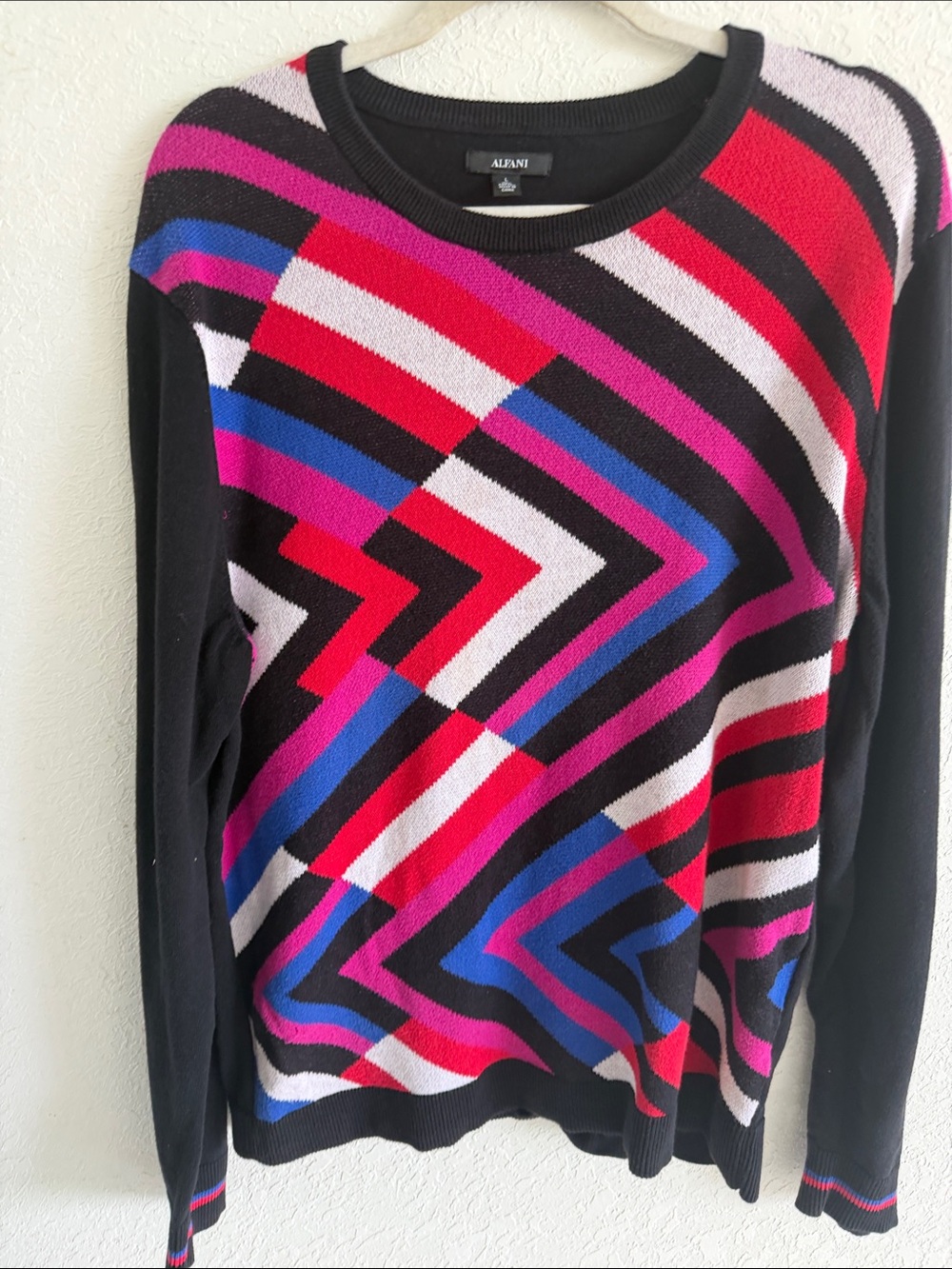 Alfani Black Crewneck Sweater with Red, Pink, Blue & White Geometric Pattern